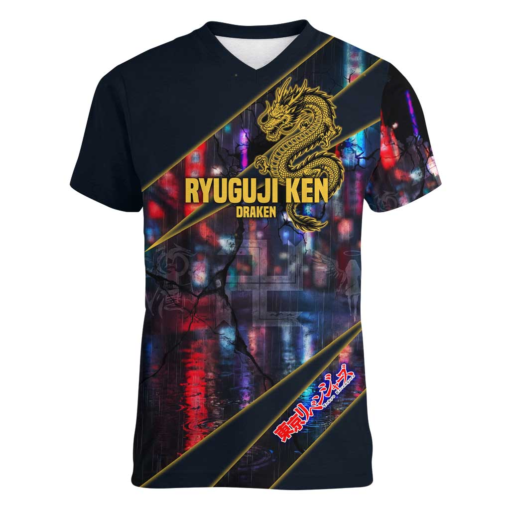 Ryuguji Ken Draken Women V-Neck T-Shirt Neon Dragon Yakuza Art Style