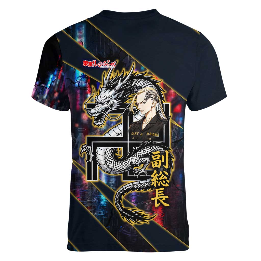 Ryuguji Ken Draken Women V-Neck T-Shirt Neon Dragon Yakuza Art Style