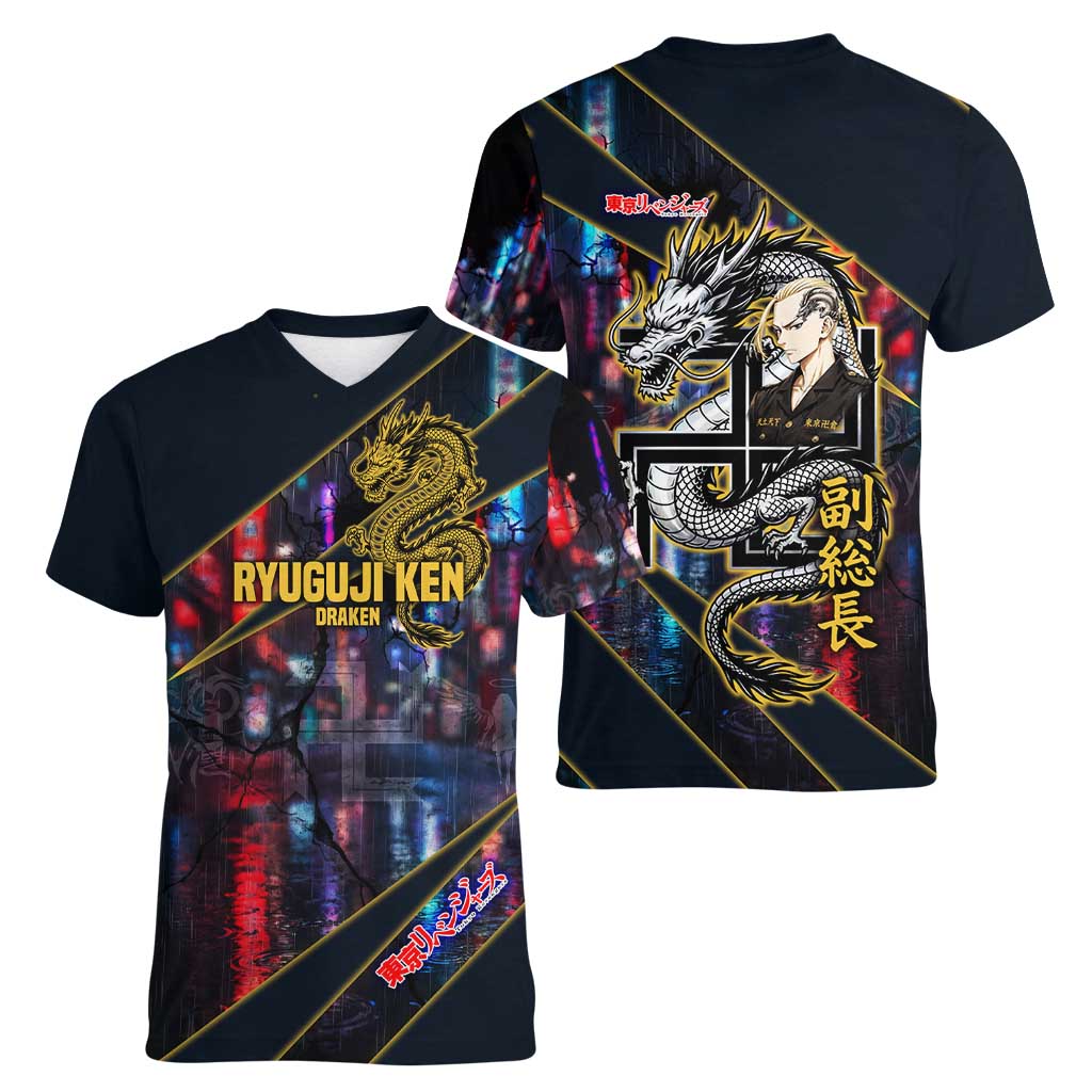 Ryuguji Ken Draken Women V-Neck T-Shirt Neon Dragon Yakuza Art Style