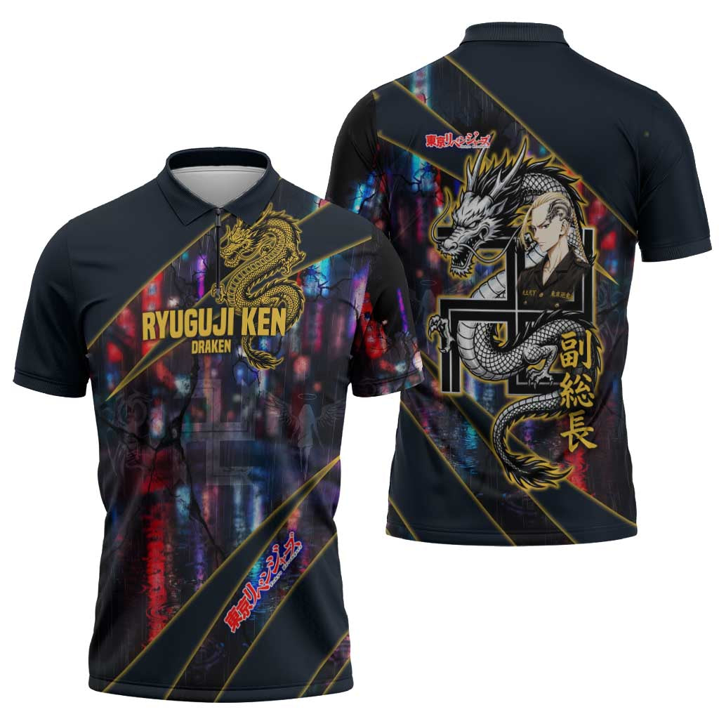 Ryuguji Ken Draken Zipper Polo Shirt Neon Dragon Yakuza Art Style