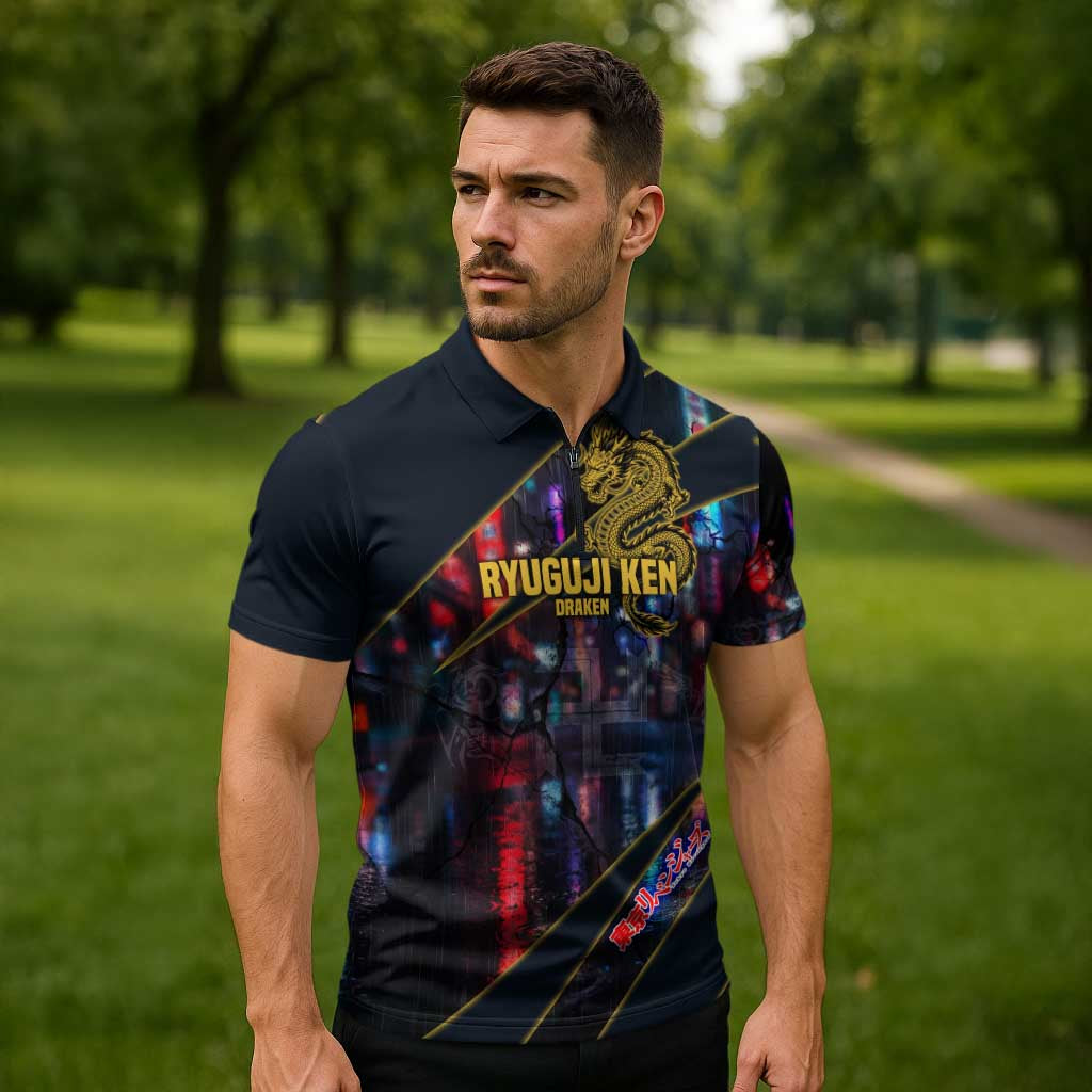 Ryuguji Ken Draken Zipper Polo Shirt Neon Dragon Yakuza Art Style