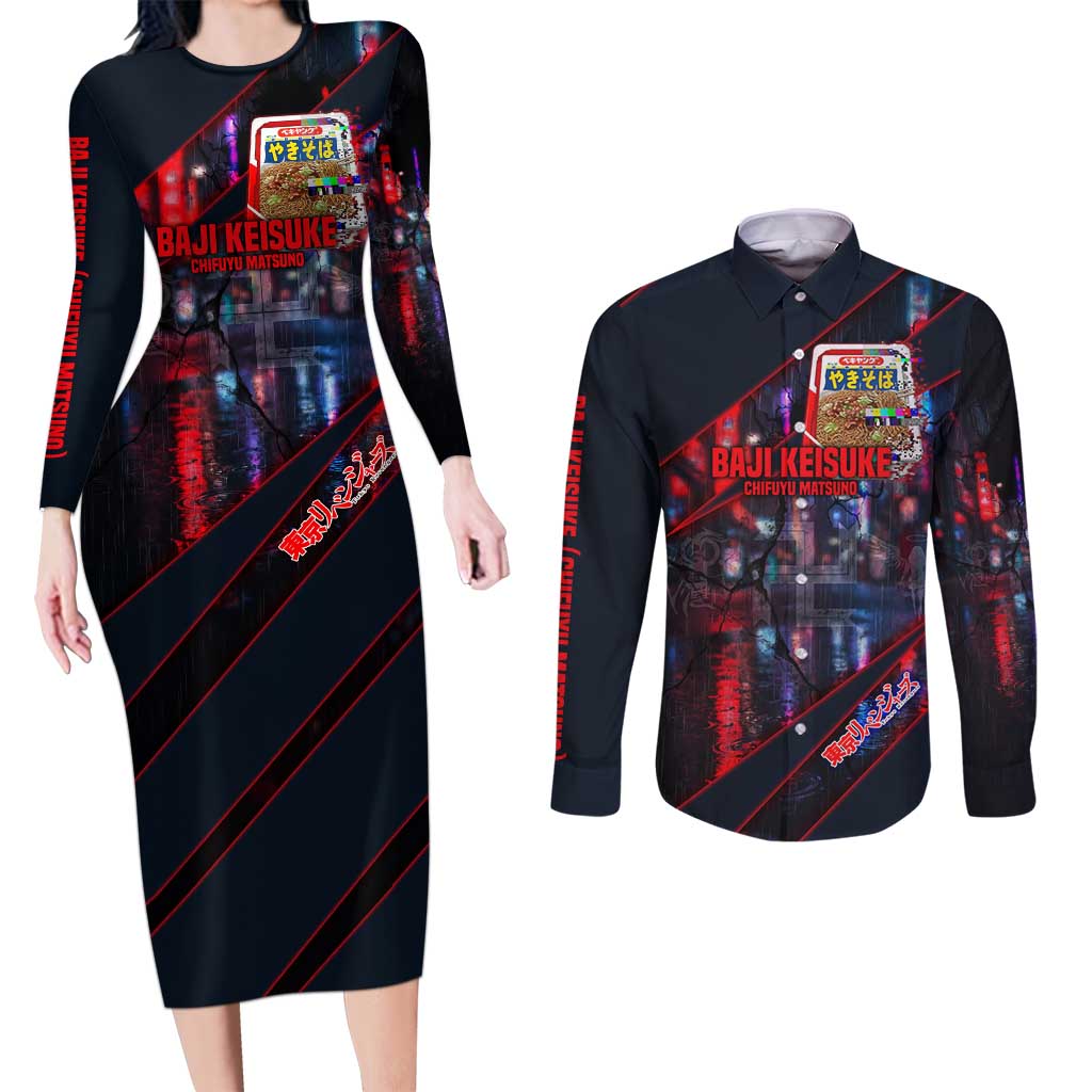 Baji Keisuke Chifuyu Matsuno Couples Matching Long Sleeve Bodycon Dress and Long Sleeve Button Shirt Dark Neon Street Fight Art Style
