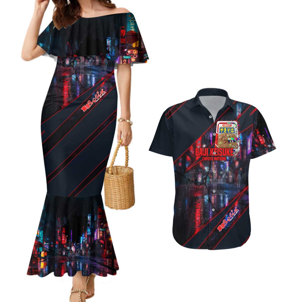 Baji Keisuke Chifuyu Matsuno Couples Matching Mermaid Dress and Hawaiian Shirt Dark Neon Street Fight Art Style