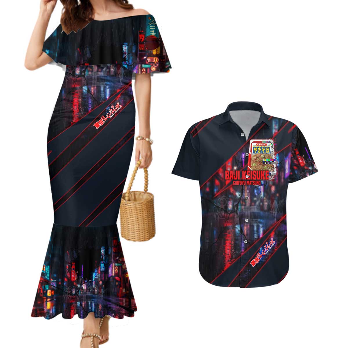 Baji Keisuke Chifuyu Matsuno Couples Matching Mermaid Dress and Hawaiian Shirt Dark Neon Street Fight Art Style