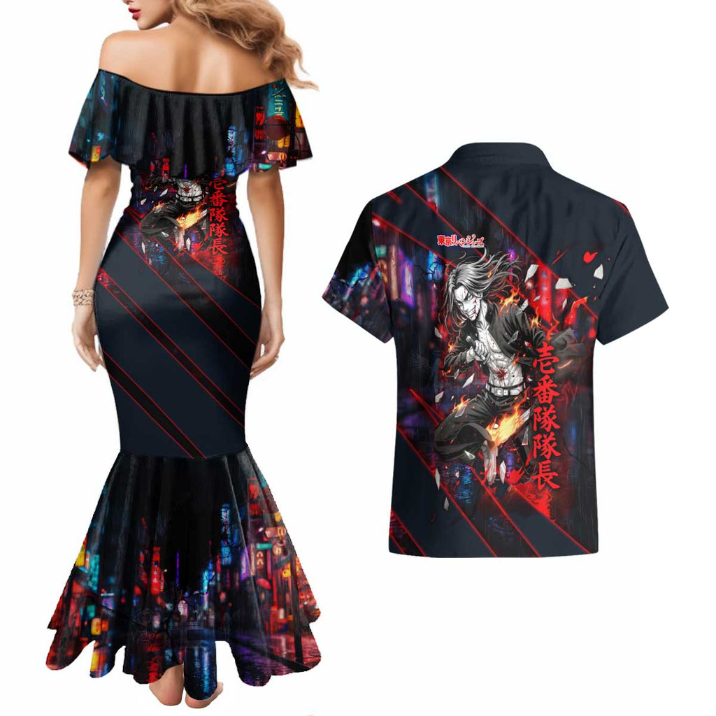 Baji Keisuke Chifuyu Matsuno Couples Matching Mermaid Dress and Hawaiian Shirt Dark Neon Street Fight Art Style