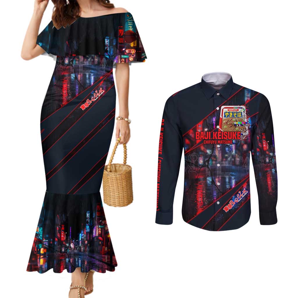 Baji Keisuke Chifuyu Matsuno Couples Matching Mermaid Dress and Long Sleeve Button Shirt Dark Neon Street Fight Art Style