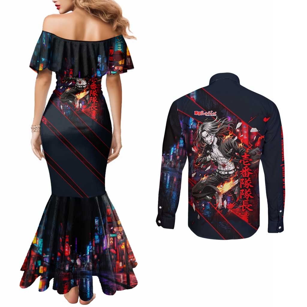 Baji Keisuke Chifuyu Matsuno Couples Matching Mermaid Dress and Long Sleeve Button Shirt Dark Neon Street Fight Art Style