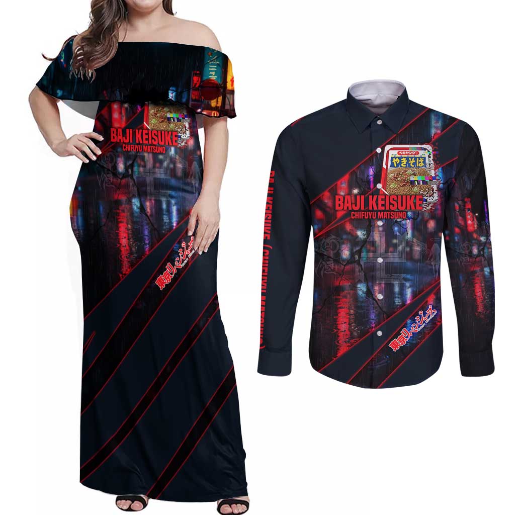Baji Keisuke Chifuyu Matsuno Couples Matching Off Shoulder Maxi Dress and Long Sleeve Button Shirt Dark Neon Street Fight Art Style