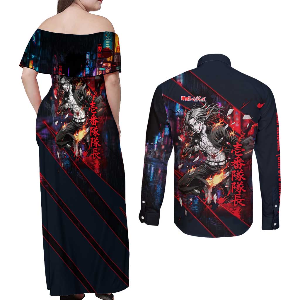 Baji Keisuke Chifuyu Matsuno Couples Matching Off Shoulder Maxi Dress and Long Sleeve Button Shirt Dark Neon Street Fight Art Style