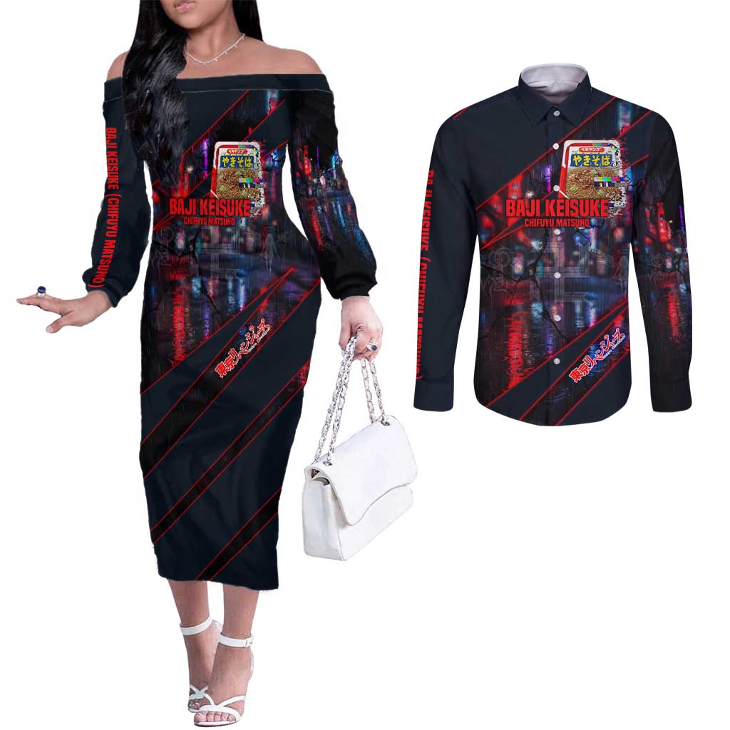 Baji Keisuke Chifuyu Matsuno Couples Matching Off The Shoulder Long Sleeve Dress and Long Sleeve Button Shirt Dark Neon Street Fight Art Style