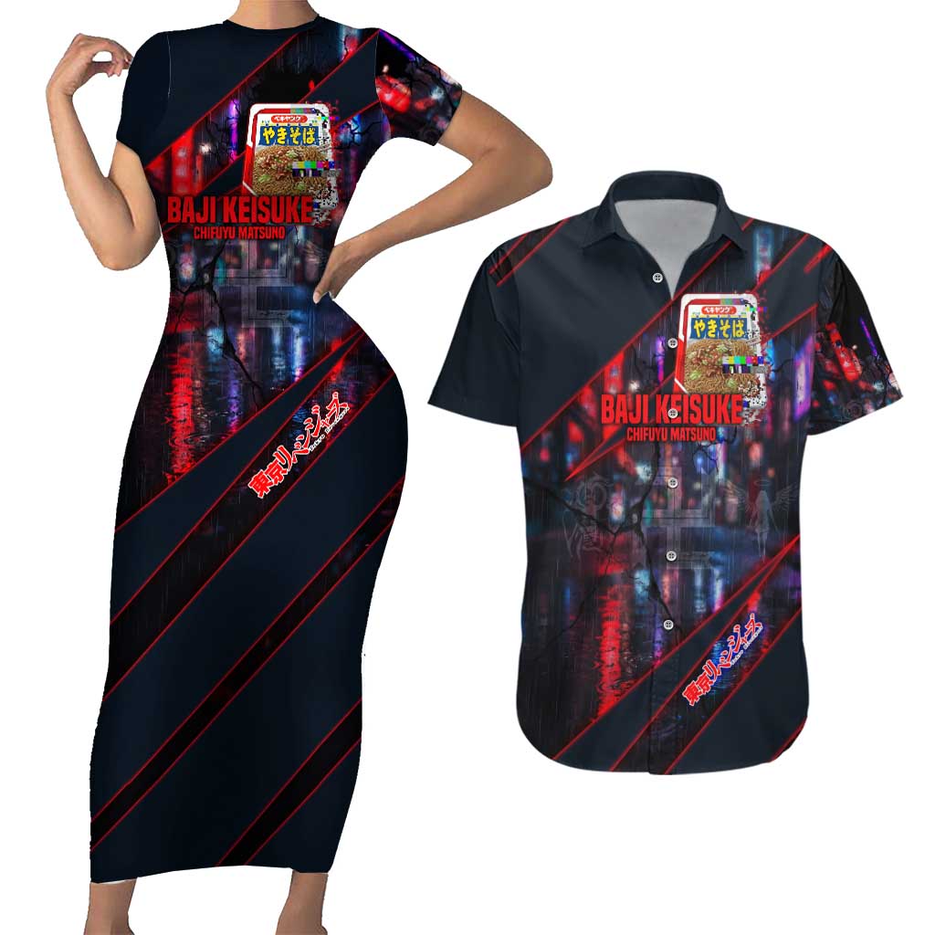 Baji Keisuke Chifuyu Matsuno Couples Matching Short Sleeve Bodycon Dress and Hawaiian Shirt Dark Neon Street Fight Art Style