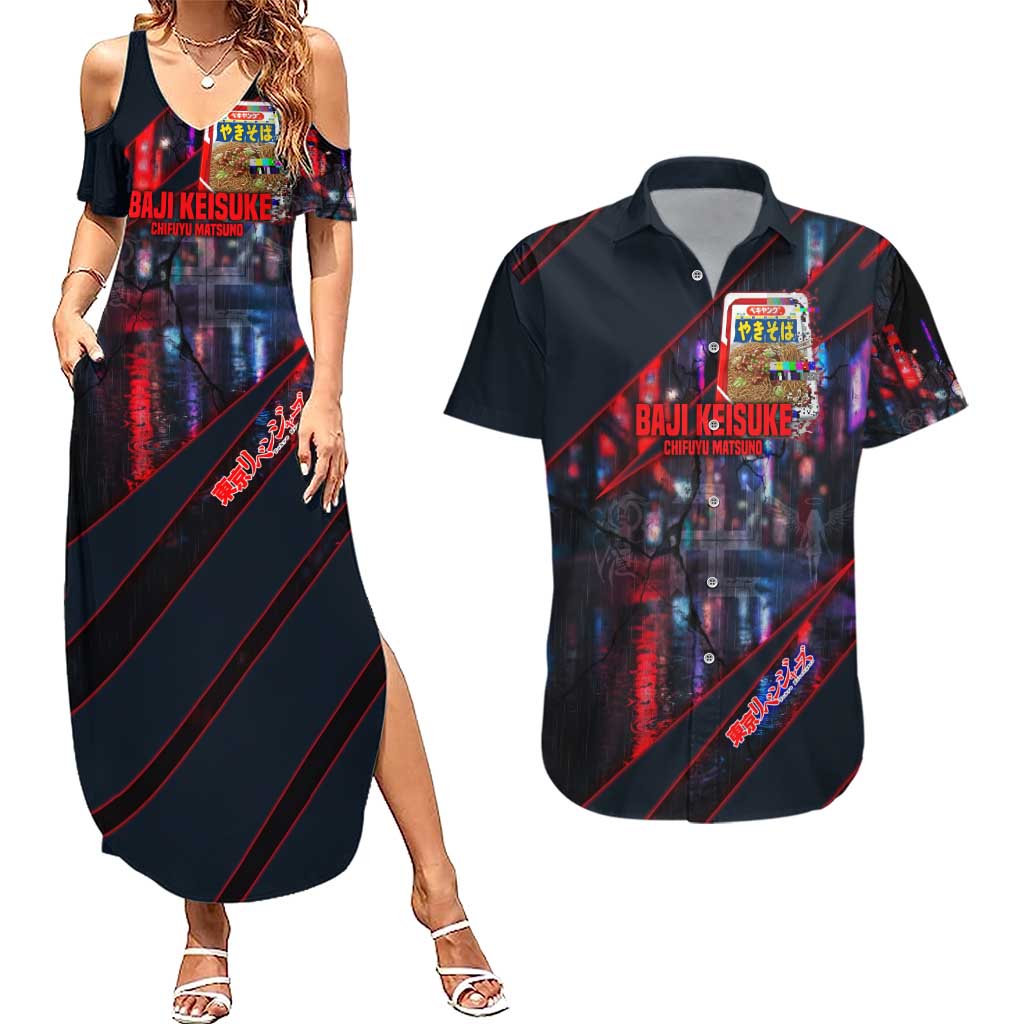 Baji Keisuke Chifuyu Matsuno Couples Matching Summer Maxi Dress and Hawaiian Shirt Dark Neon Street Fight Art Style