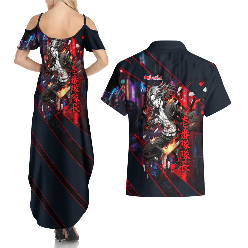 Baji Keisuke Chifuyu Matsuno Couples Matching Summer Maxi Dress and Hawaiian Shirt Dark Neon Street Fight Art Style