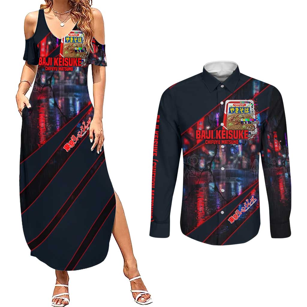 Baji Keisuke Chifuyu Matsuno Couples Matching Summer Maxi Dress and Long Sleeve Button Shirt Dark Neon Street Fight Art Style