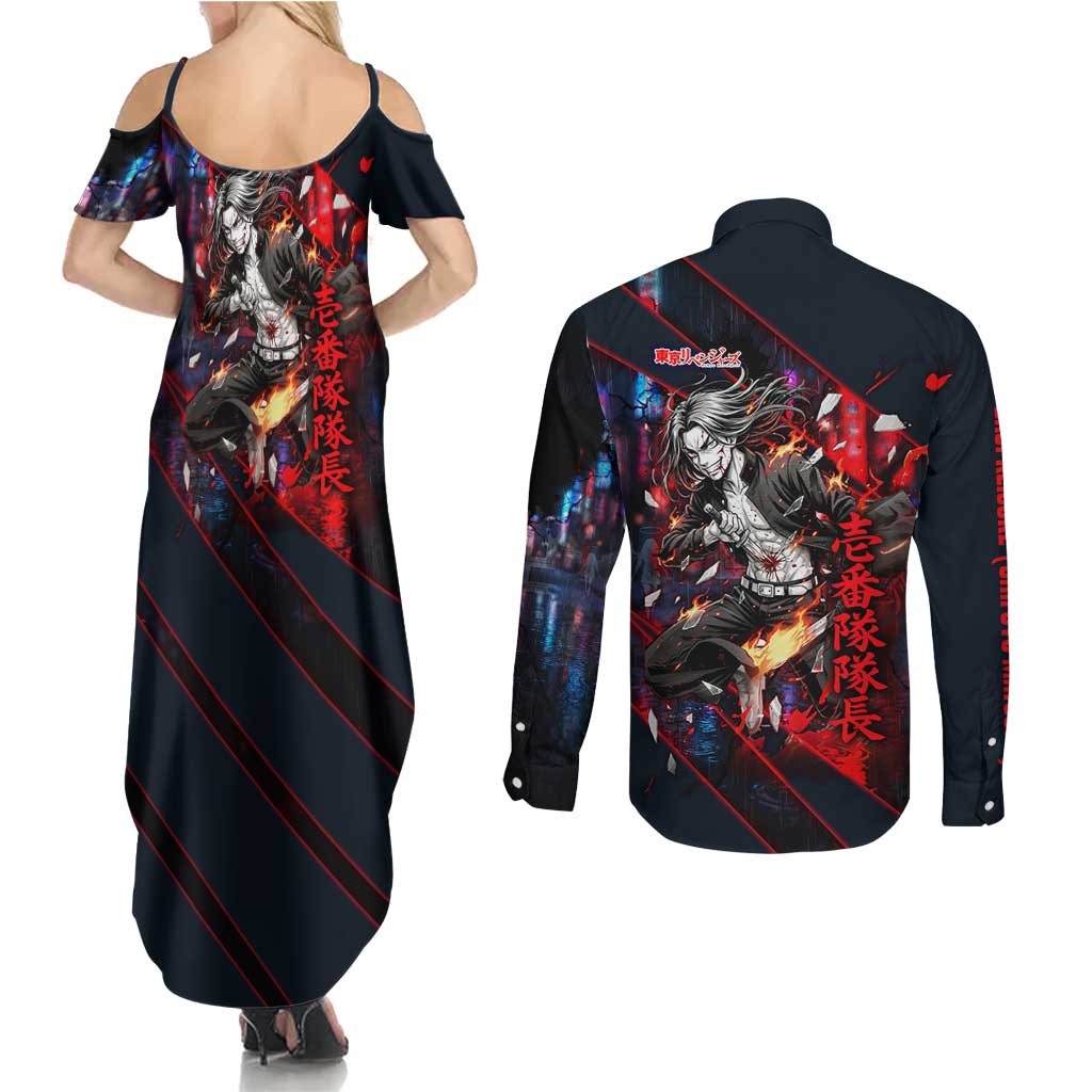 Baji Keisuke Chifuyu Matsuno Couples Matching Summer Maxi Dress and Long Sleeve Button Shirt Dark Neon Street Fight Art Style