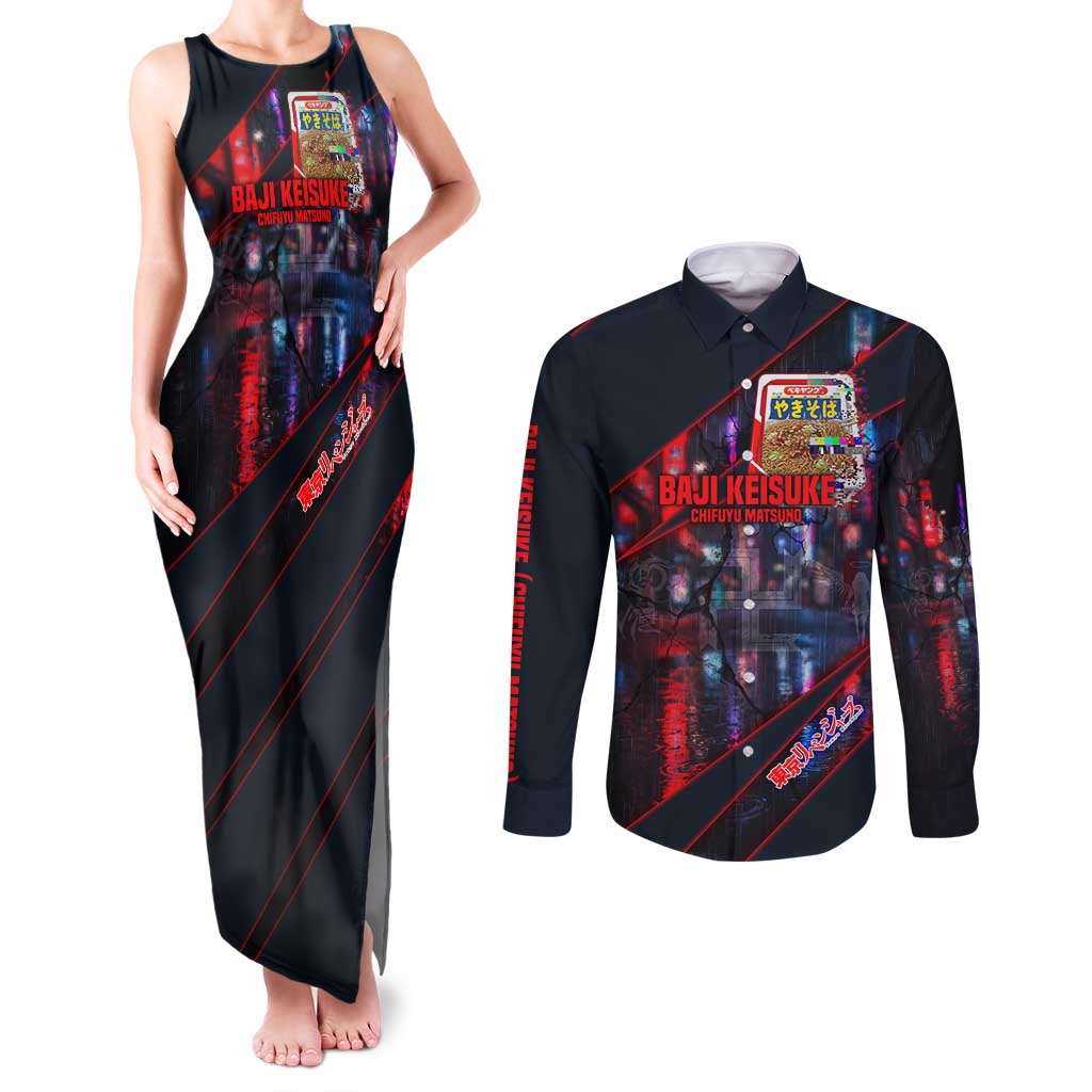 Baji Keisuke Chifuyu Matsuno Couples Matching Tank Maxi Dress and Long Sleeve Button Shirt Dark Neon Street Fight Art Style