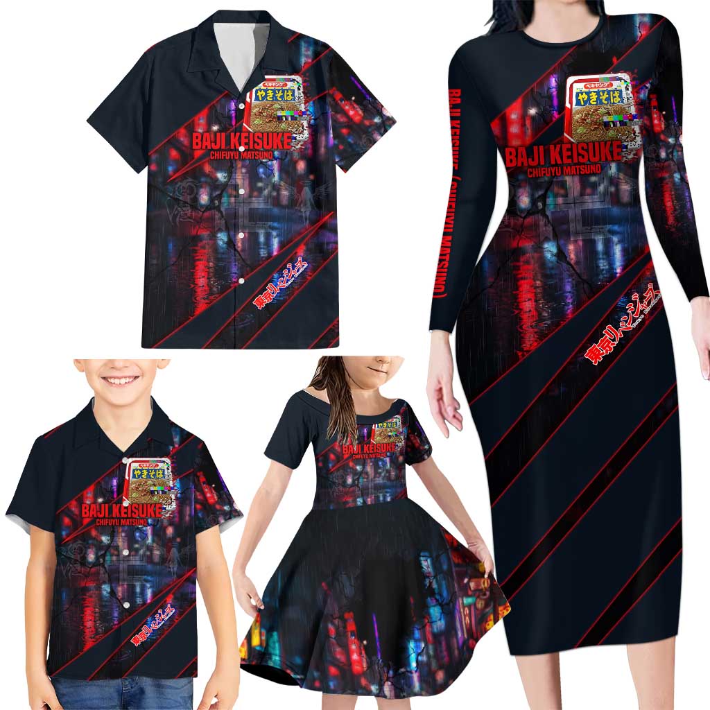 Baji Keisuke Chifuyu Matsuno Family Matching Long Sleeve Bodycon Dress and Hawaiian Shirt Dark Neon Street Fight Art Style
