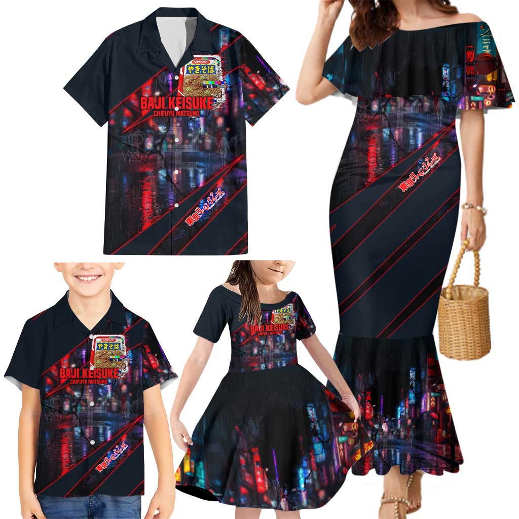 Baji Keisuke Chifuyu Matsuno Family Matching Mermaid Dress and Hawaiian Shirt Dark Neon Street Fight Art Style