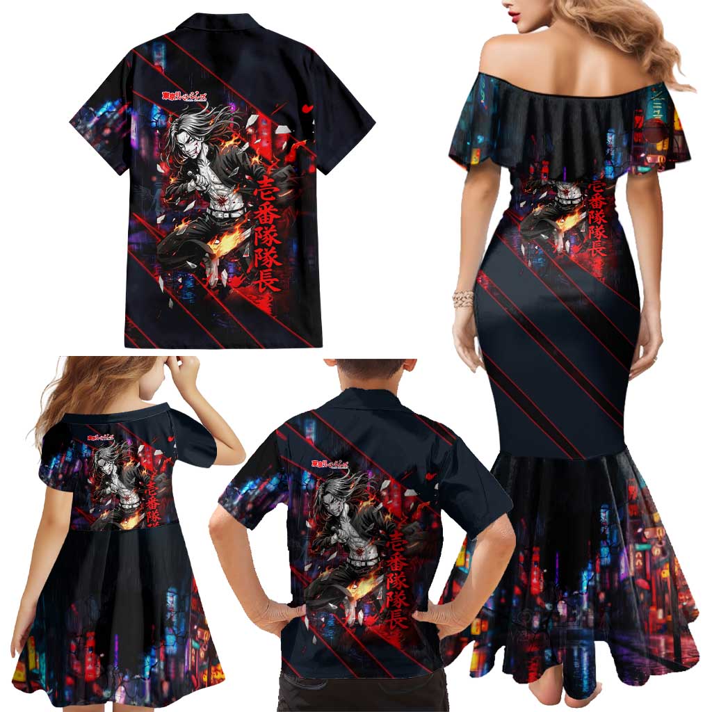 Baji Keisuke Chifuyu Matsuno Family Matching Mermaid Dress and Hawaiian Shirt Dark Neon Street Fight Art Style