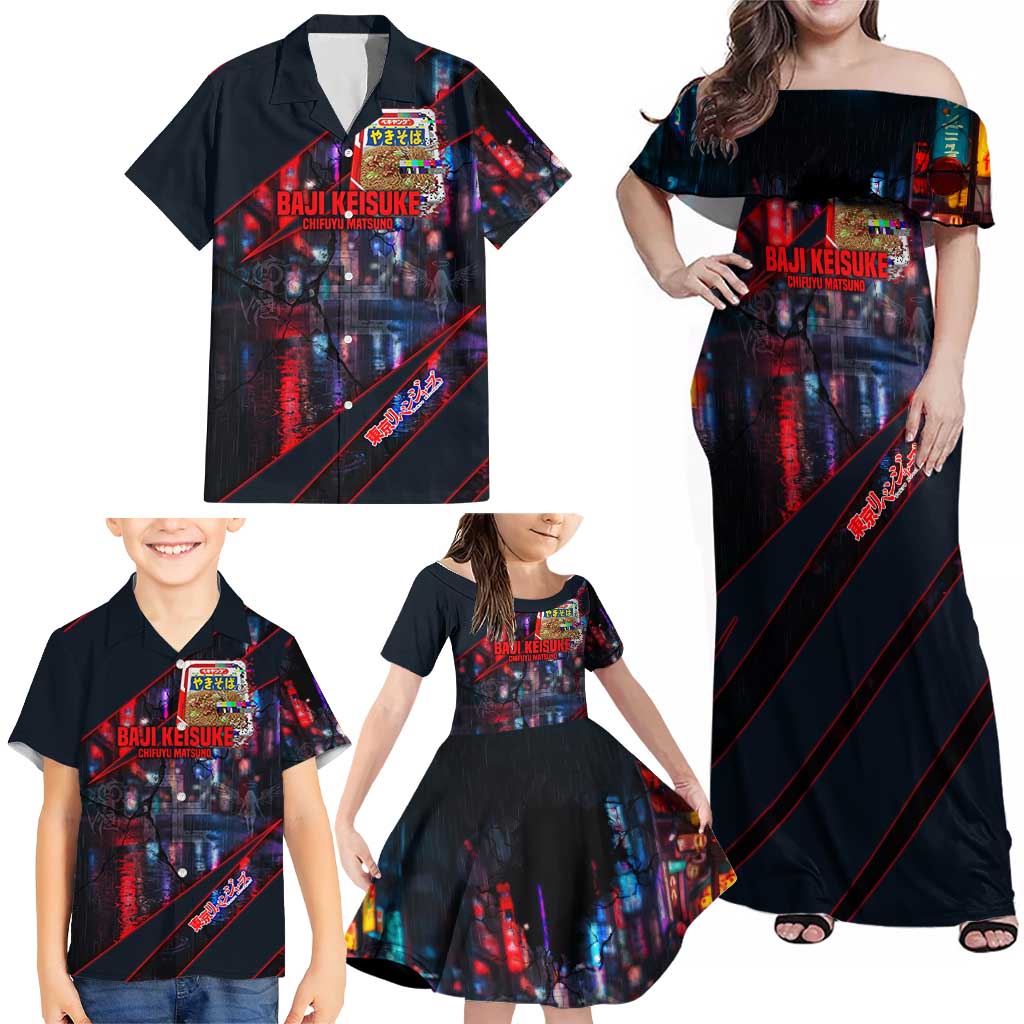 Baji Keisuke Chifuyu Matsuno Family Matching Off Shoulder Maxi Dress and Hawaiian Shirt Dark Neon Street Fight Art Style