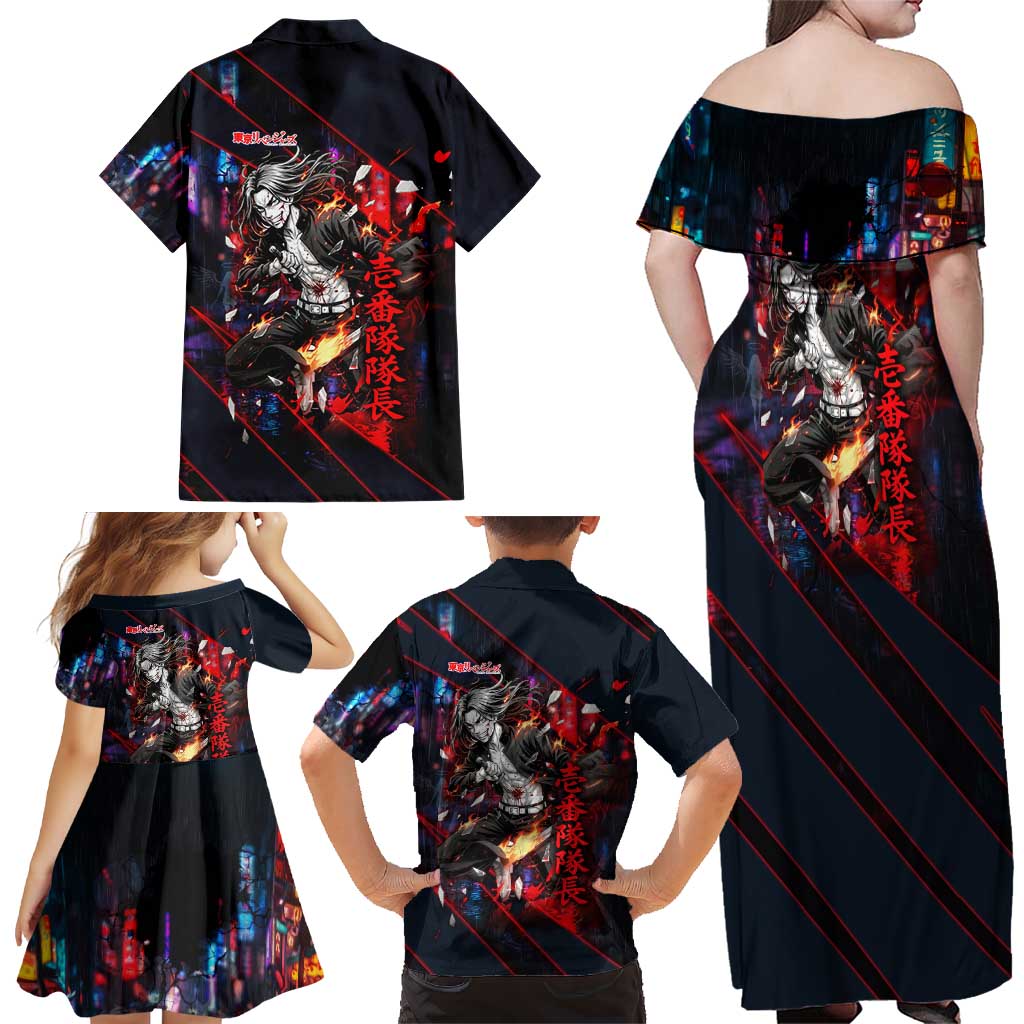 Baji Keisuke Chifuyu Matsuno Family Matching Off Shoulder Maxi Dress and Hawaiian Shirt Dark Neon Street Fight Art Style