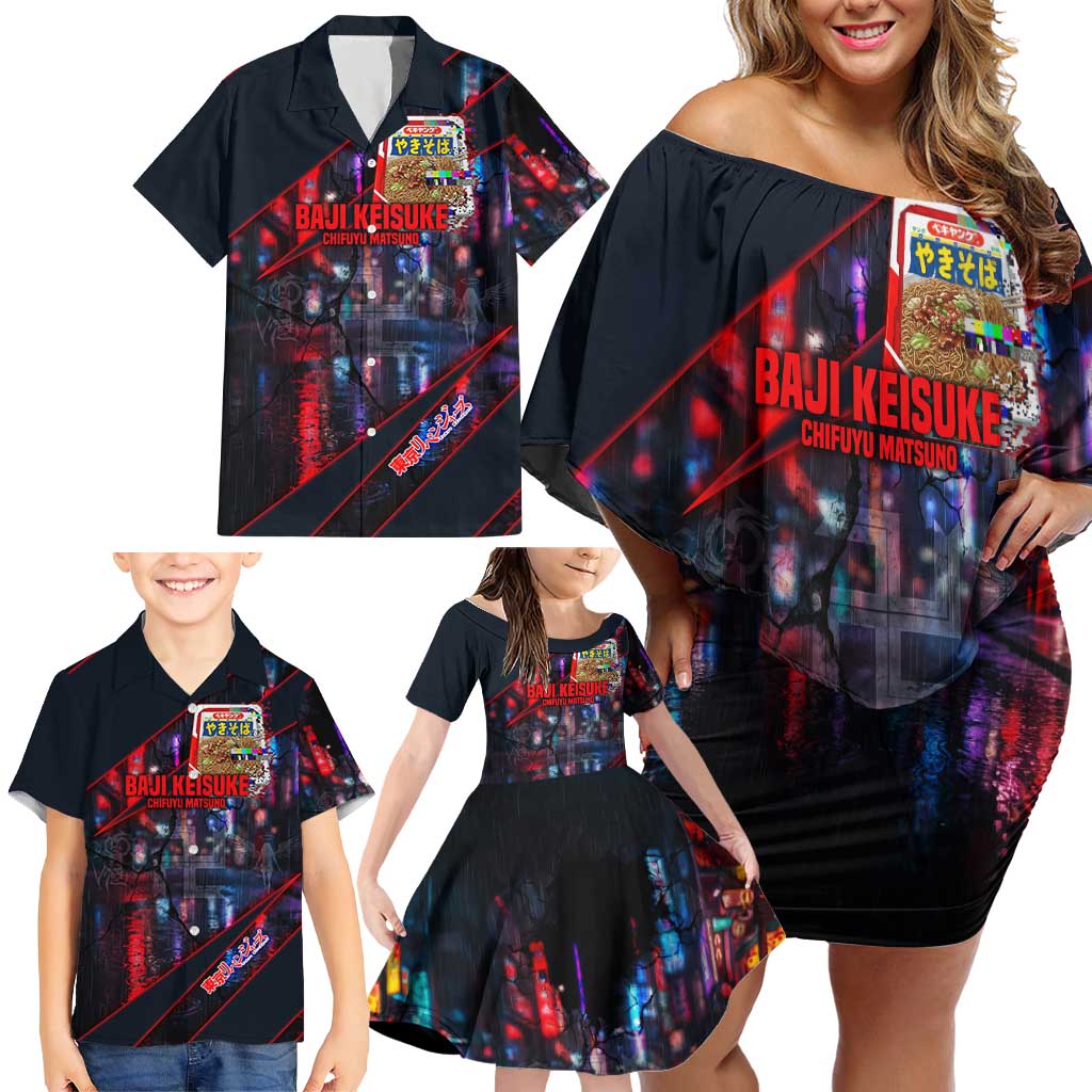 Baji Keisuke Chifuyu Matsuno Family Matching Off Shoulder Short Dress and Hawaiian Shirt Dark Neon Street Fight Art Style