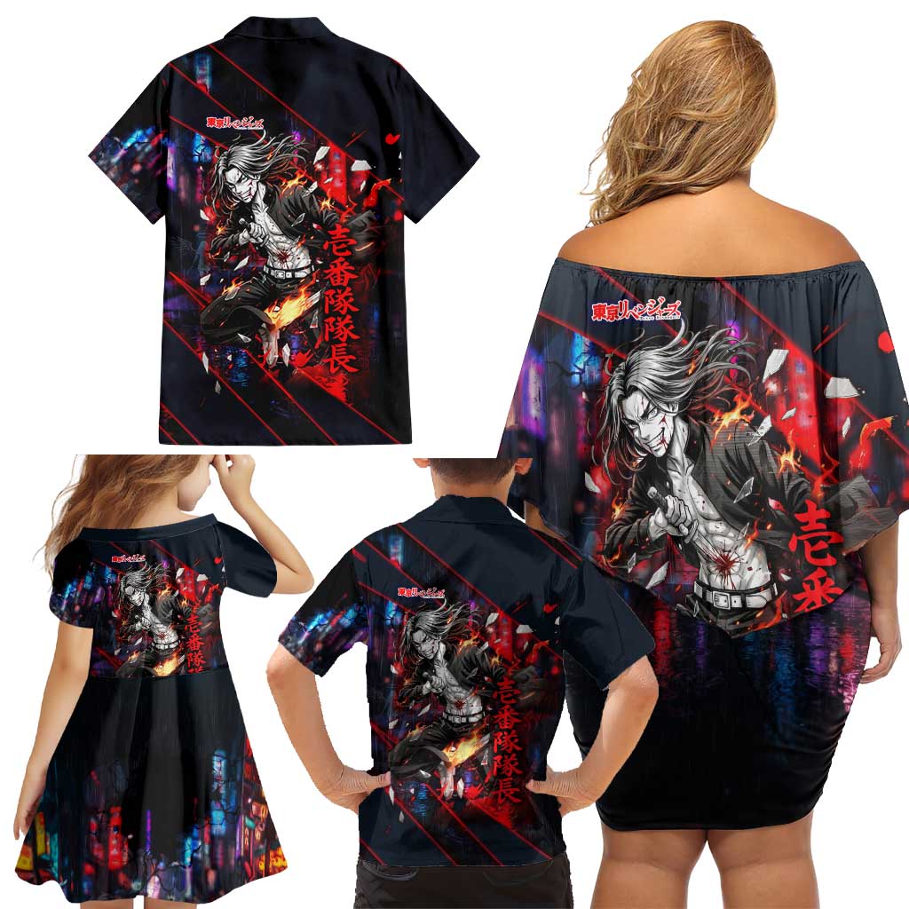Baji Keisuke Chifuyu Matsuno Family Matching Off Shoulder Short Dress and Hawaiian Shirt Dark Neon Street Fight Art Style