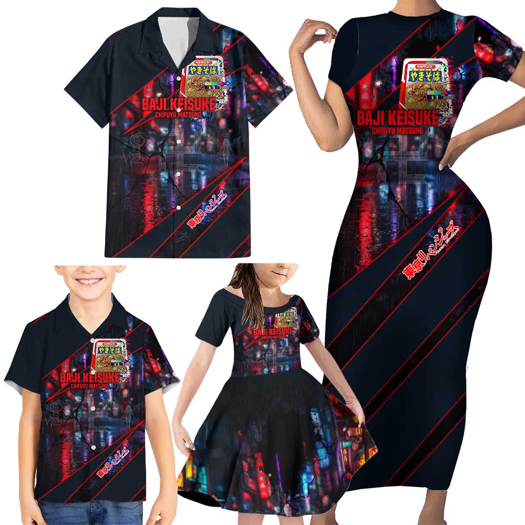 Baji Keisuke Chifuyu Matsuno Family Matching Short Sleeve Bodycon Dress and Hawaiian Shirt Dark Neon Street Fight Art Style