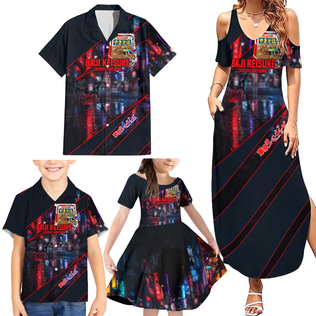 Baji Keisuke Chifuyu Matsuno Family Matching Summer Maxi Dress and Hawaiian Shirt Dark Neon Street Fight Art Style