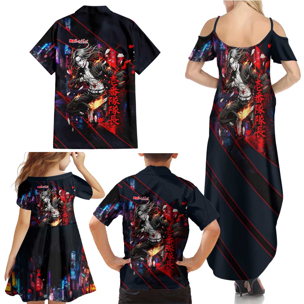 Baji Keisuke Chifuyu Matsuno Family Matching Summer Maxi Dress and Hawaiian Shirt Dark Neon Street Fight Art Style