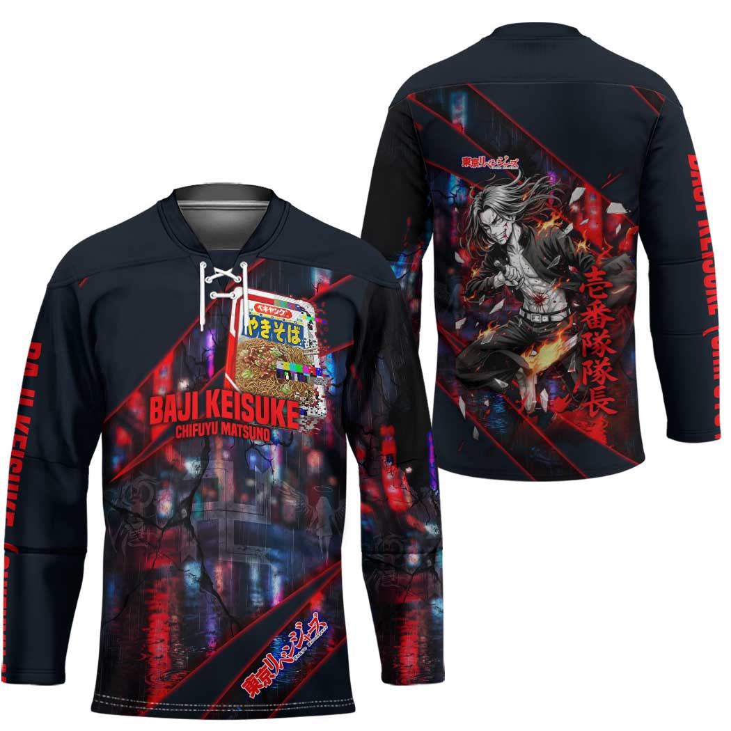 Baji Keisuke Chifuyu Matsuno Hockey Jersey Dark Neon Street Fight Art Style