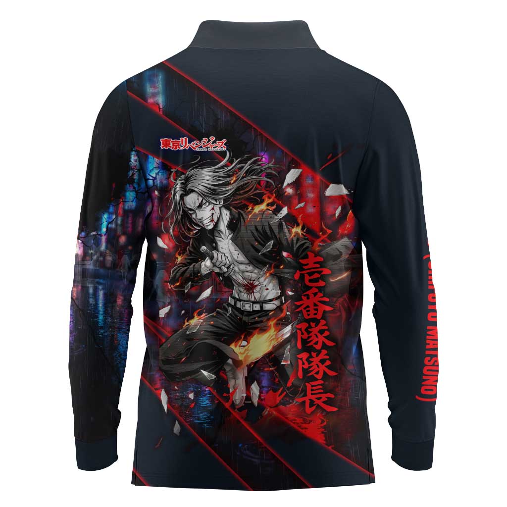 Baji Keisuke Chifuyu Matsuno Long Sleeve Polo Shirt Dark Neon Street Fight Art Style