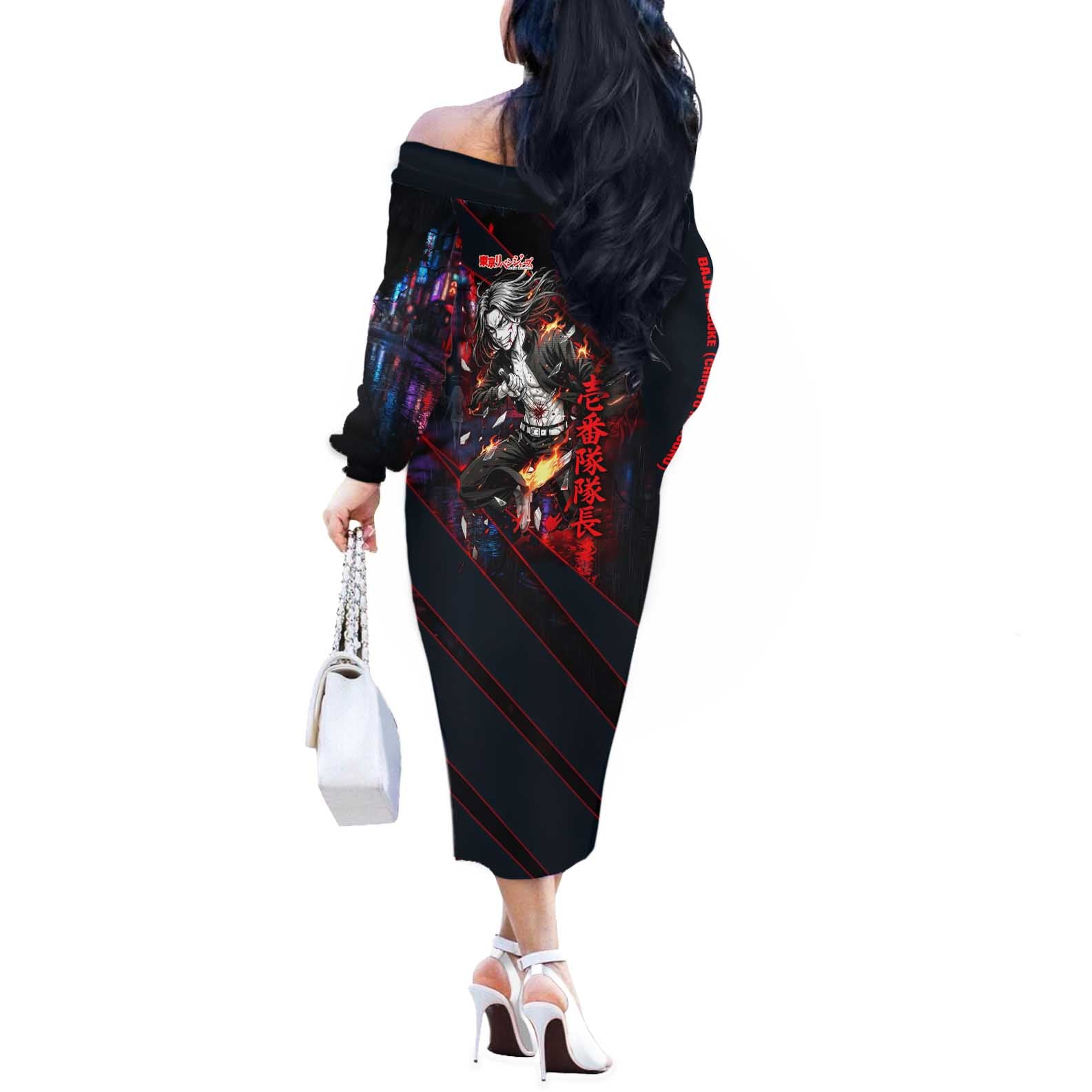 Baji Keisuke Chifuyu Matsuno Off The Shoulder Long Sleeve Dress Dark Neon Street Fight Art Style