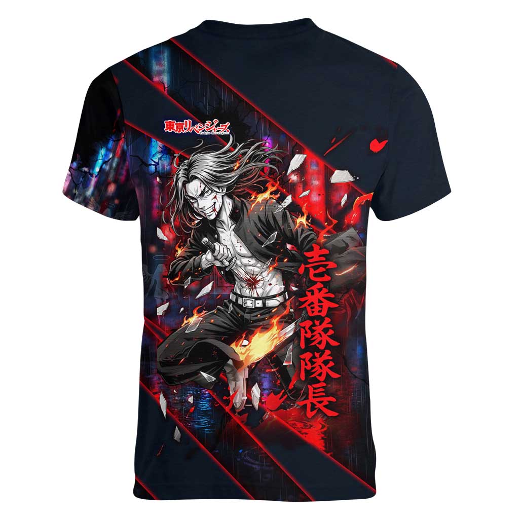 Baji Keisuke Chifuyu Matsuno Women V-Neck T-Shirt Dark Neon Street Fight Art Style