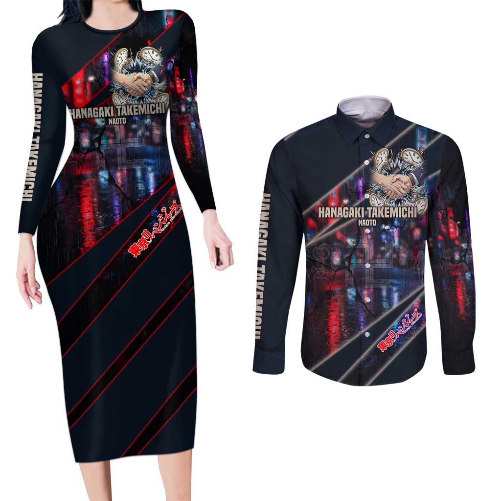 Hanagaki Takemichi Naoto Couples Matching Long Sleeve Bodycon Dress and Long Sleeve Button Shirt Neon Time-Travel Urban Art Style