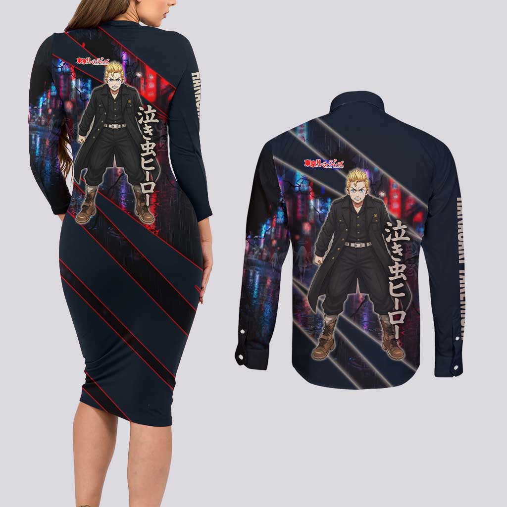 Hanagaki Takemichi Naoto Couples Matching Long Sleeve Bodycon Dress and Long Sleeve Button Shirt Neon Time-Travel Urban Art Style