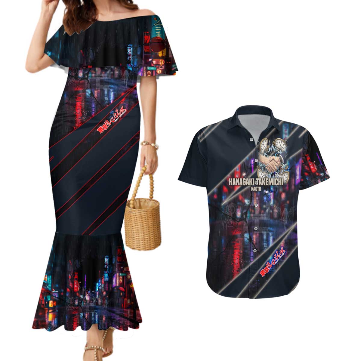 Hanagaki Takemichi Naoto Couples Matching Mermaid Dress and Hawaiian Shirt Neon Time-Travel Urban Art Style