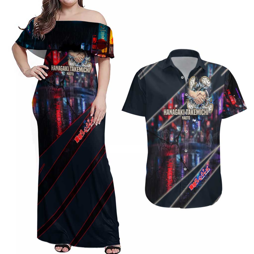 Hanagaki Takemichi Naoto Couples Matching Off Shoulder Maxi Dress and Hawaiian Shirt Neon Time-Travel Urban Art Style