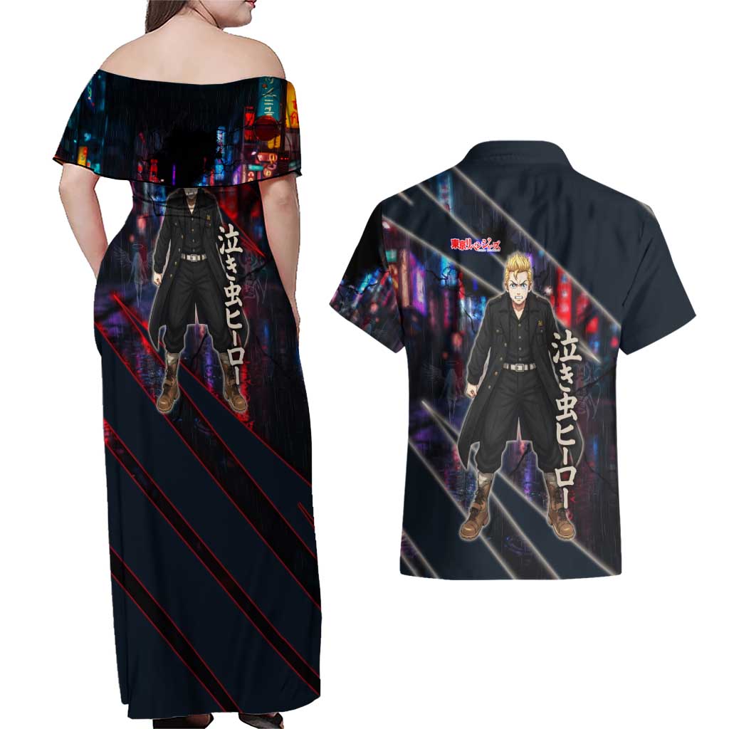Hanagaki Takemichi Naoto Couples Matching Off Shoulder Maxi Dress and Hawaiian Shirt Neon Time-Travel Urban Art Style