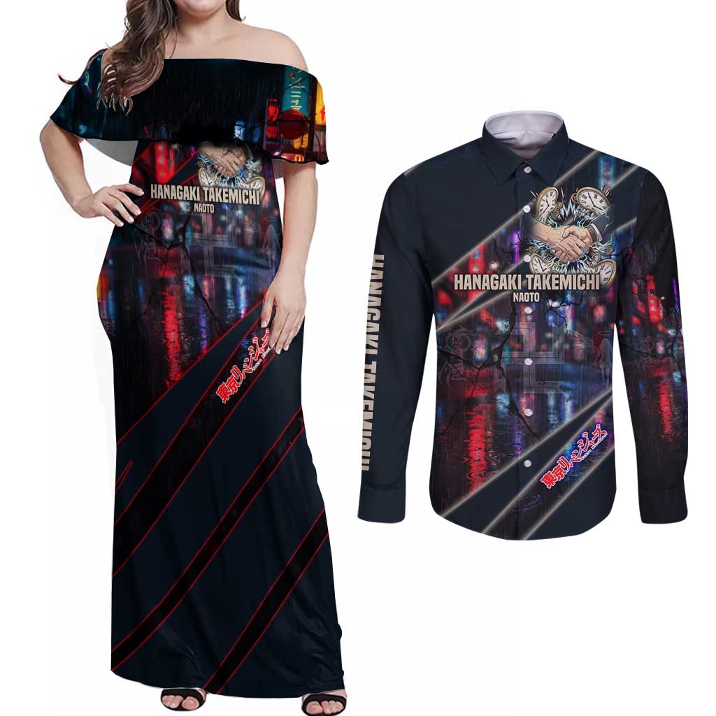 Hanagaki Takemichi Naoto Couples Matching Off Shoulder Maxi Dress and Long Sleeve Button Shirt Neon Time-Travel Urban Art Style