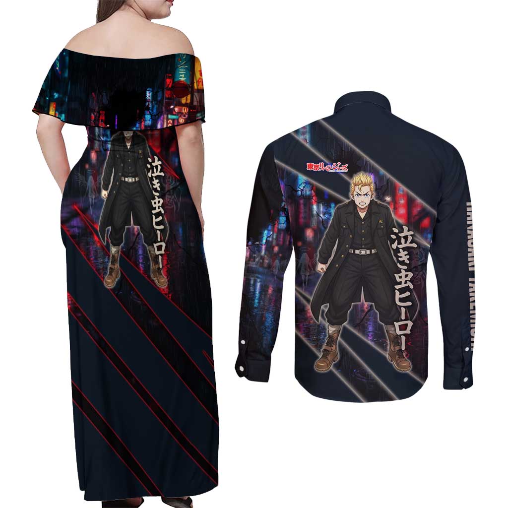 Hanagaki Takemichi Naoto Couples Matching Off Shoulder Maxi Dress and Long Sleeve Button Shirt Neon Time-Travel Urban Art Style