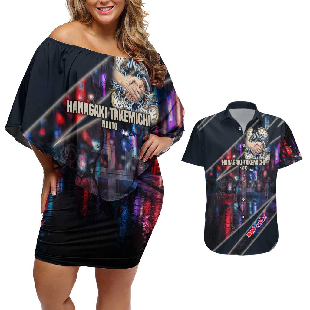 Hanagaki Takemichi Naoto Couples Matching Off Shoulder Short Dress and Hawaiian Shirt Neon Time-Travel Urban Art Style