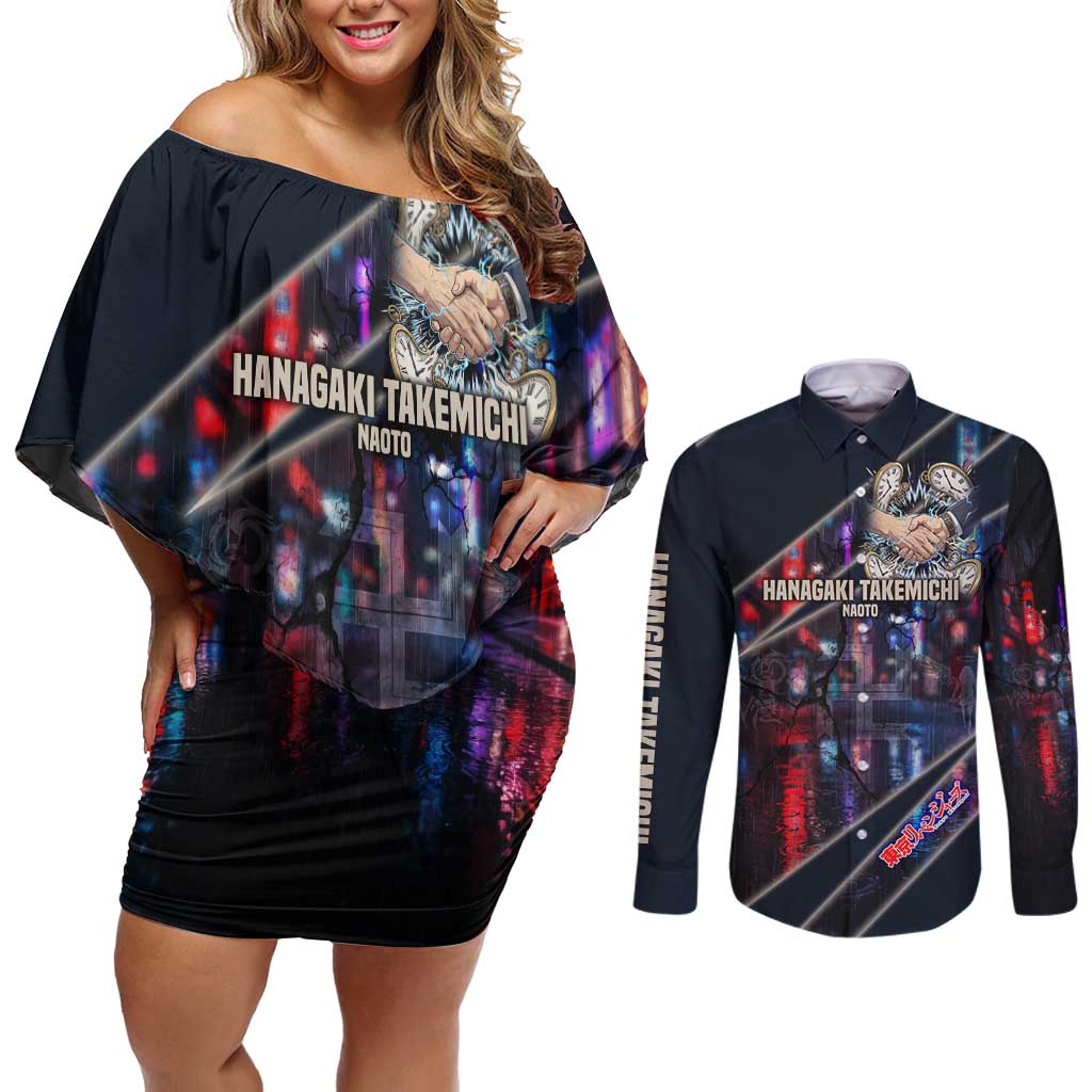 Hanagaki Takemichi Naoto Couples Matching Off Shoulder Short Dress and Long Sleeve Button Shirt Neon Time-Travel Urban Art Style