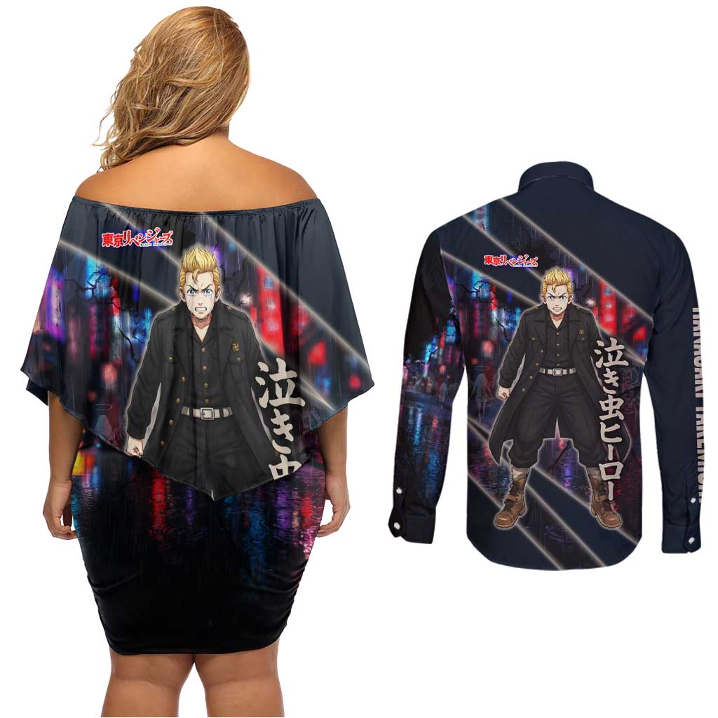 Hanagaki Takemichi Naoto Couples Matching Off Shoulder Short Dress and Long Sleeve Button Shirt Neon Time-Travel Urban Art Style