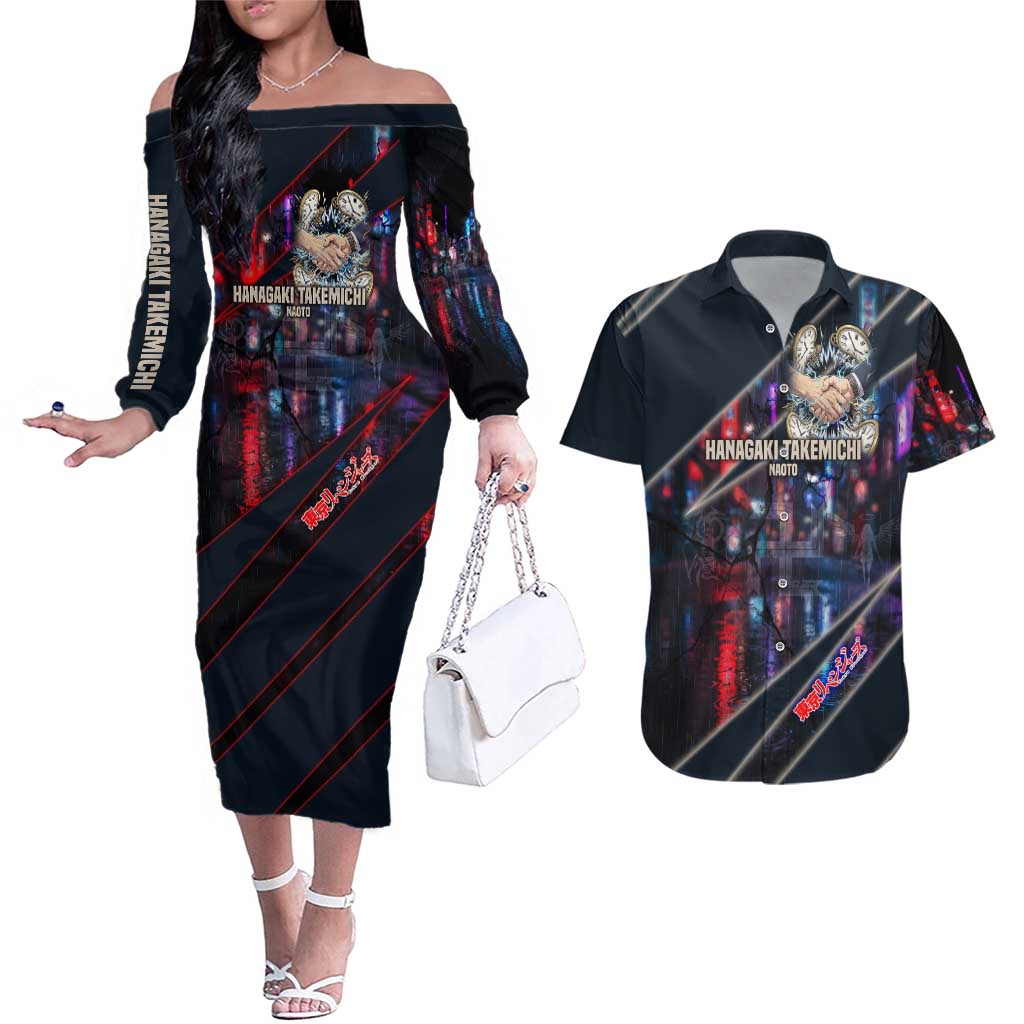 Hanagaki Takemichi Naoto Couples Matching Off The Shoulder Long Sleeve Dress and Hawaiian Shirt Neon Time-Travel Urban Art Style