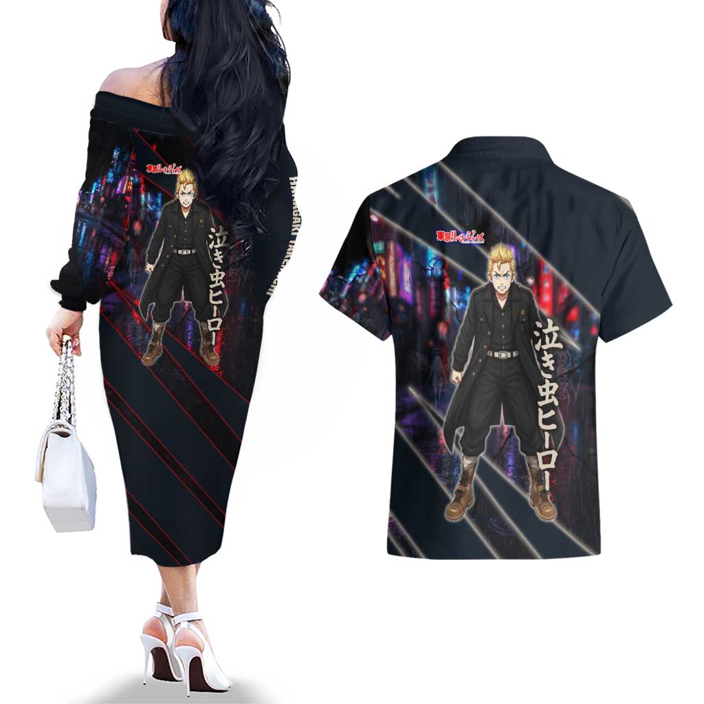 Hanagaki Takemichi Naoto Couples Matching Off The Shoulder Long Sleeve Dress and Hawaiian Shirt Neon Time-Travel Urban Art Style