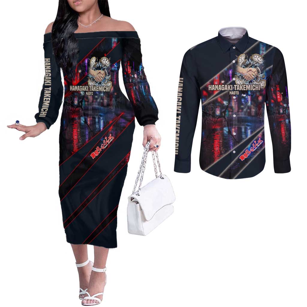Hanagaki Takemichi Naoto Couples Matching Off The Shoulder Long Sleeve Dress and Long Sleeve Button Shirt Neon Time-Travel Urban Art Style