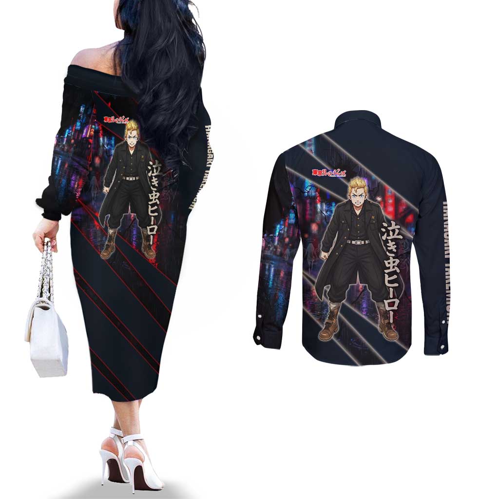 Hanagaki Takemichi Naoto Couples Matching Off The Shoulder Long Sleeve Dress and Long Sleeve Button Shirt Neon Time-Travel Urban Art Style