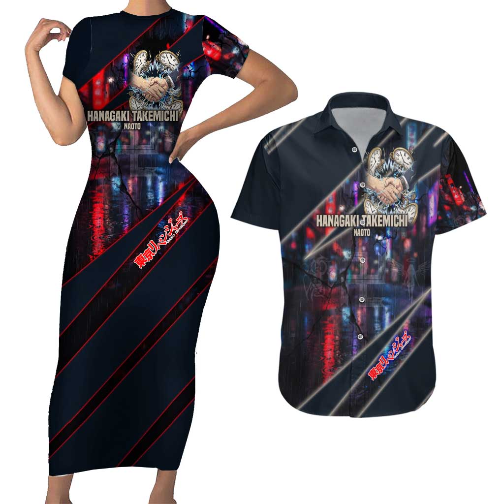 Hanagaki Takemichi Naoto Couples Matching Short Sleeve Bodycon Dress and Hawaiian Shirt Neon Time-Travel Urban Art Style