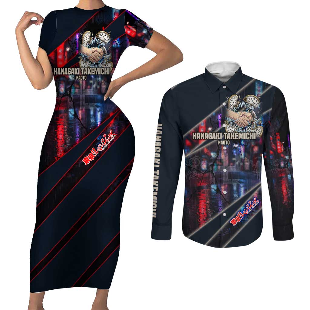 Hanagaki Takemichi Naoto Couples Matching Short Sleeve Bodycon Dress and Long Sleeve Button Shirt Neon Time-Travel Urban Art Style